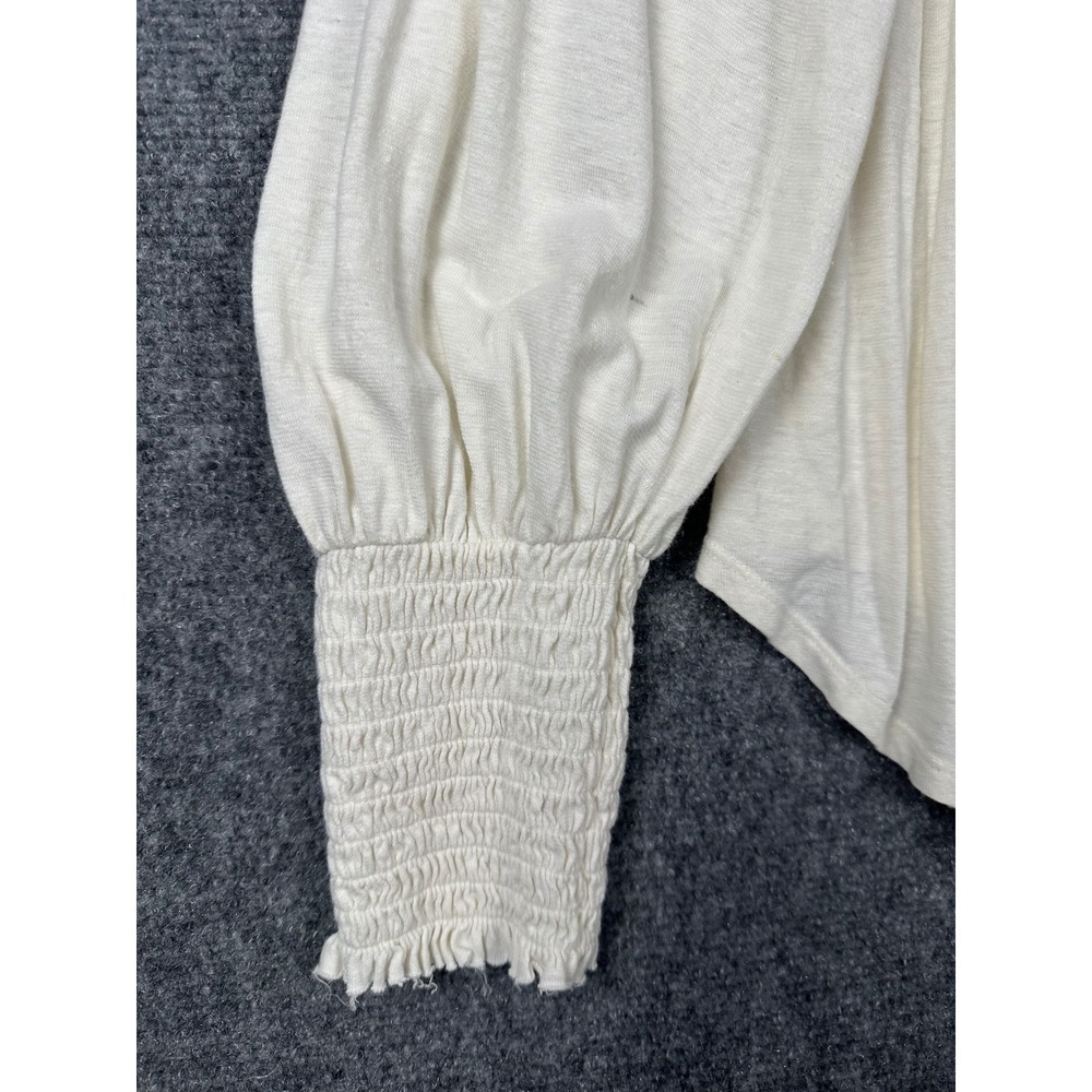 Free People Women Smocked Cuff V Neck Top Medium Boho Slub Knit Ivory White - Picture 7 of 12